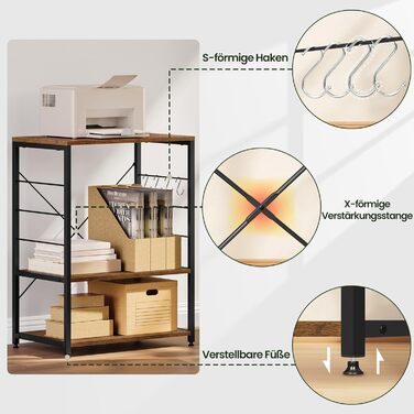Kitchen Shelf, Microwave Shelf with 4 Hooks, Baking Shelf with 3 Tiers, Storage Shelf for Kitchen, Cafe, Living Room, Bathroom, 60 x 82 x 40 cm, Vintage Wood Look + Black