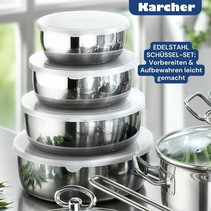 Набір каструль Karcher Jasmin 20 предметів, нержавіюча сталь, для індукції, з кришками, каструлі та сковорода, підходить для всіх плит, посудомийна та духовочна безпека, з мисками з нержавіючої сталі