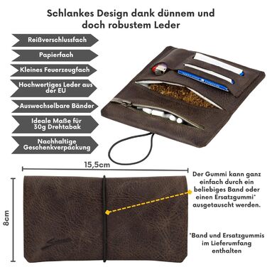 Leather Tobacco Pouch for 30g Tobacco Bags, Genuine Leather Rolling Pouch including Filter Compartment and Rolling Papers Holder (Dark Brown)