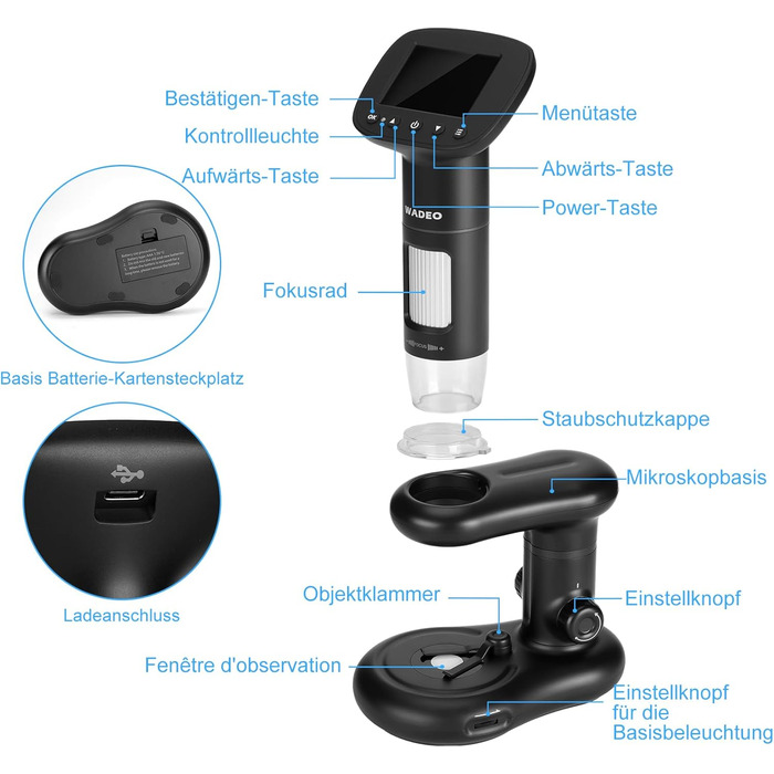 Цифровий мікроскоп WADEO USB HD з 50x-1600x збільшенням, портативна інспекційна камера, кабельне ручне збільшення з 8 LED та стійкою, сумісний з iOS, Android та планшетами (2 дюйми)