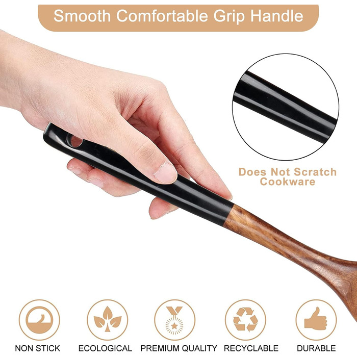Набір кухонних аксесуарів з оливкового дерева: лопатка, шумовка, ложка, шпатель. Кухонне приладдя, безпечне BPA-Free, чорний колір