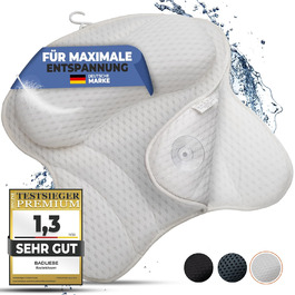 Bathtub Pillow – [TESTED QUALITY] - includes 6 extra strong suction cups – bath pillow with ergonomic fit for neck and back – high-quality neck pillow – [INCLUDES extra carrying bag] (White)