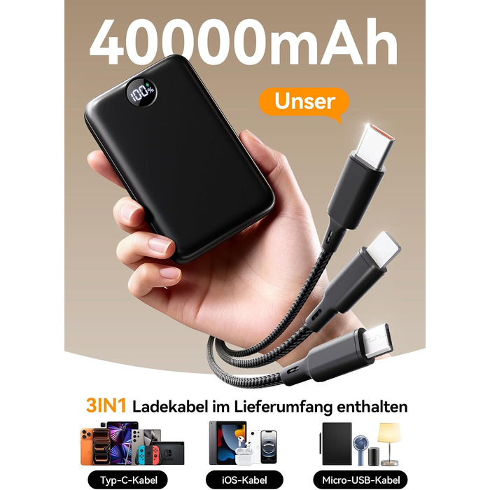 Повербанк 40000mAh з LED-дисплеєм та вбудованими кабелями 3-в-1, швидка зарядка для iPhone 17/16/15, Samsung, iPad, компактний зовнішній акумулятор для подорожей (чорний)
