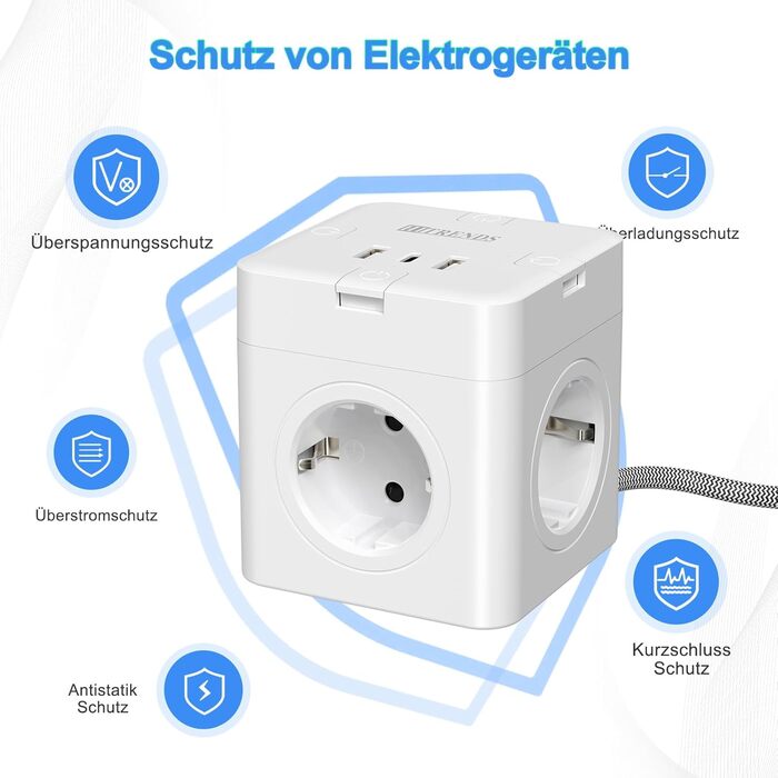 Блок розеток з USB-C, 4 розетки, плоский штекер, індивідуальне вмикання, сплетене кабель 2м для офісу, дому, подорожей - білий