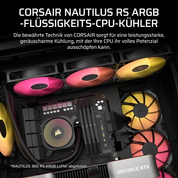 Система водяного охолодження Corsair Nautilus 360 RS для CPU – тиха, з прямим підключенням до материнської плати, сумісна з Intel LGA 1851/1700, AMD AM5/AM4, 3x RS120 вентилятори, ARGB, 240мм AIO, чорний колір