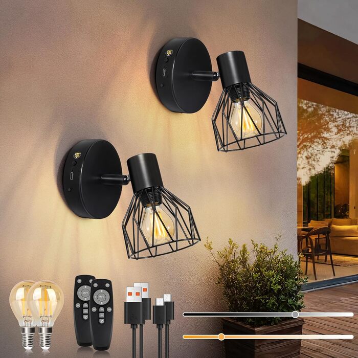 LED настінний світильник Kimjo з таймером, 2 шт., чорний, з акумулятором, диммування, E14, для спальні/вітальні