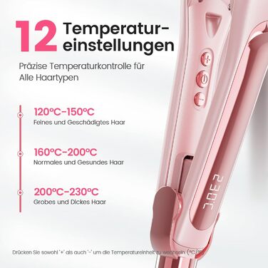 Dekuri 42mm Ceramic Hair Straightener & Curling Iron - Pink - Adjustable Temperature 120°C-230°C