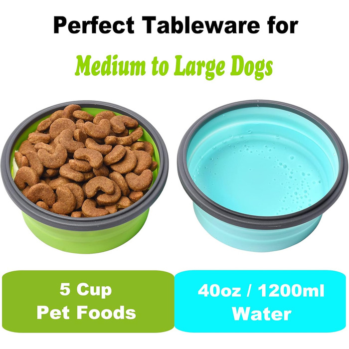 Складані миски для собак з силікону для корму та води, для подорожей, з кришкою, портативні, розширювані, для домашніх тварин, для прогулянок, кемпінгу, 2 шт. Великий розмір, блакитний / зелений