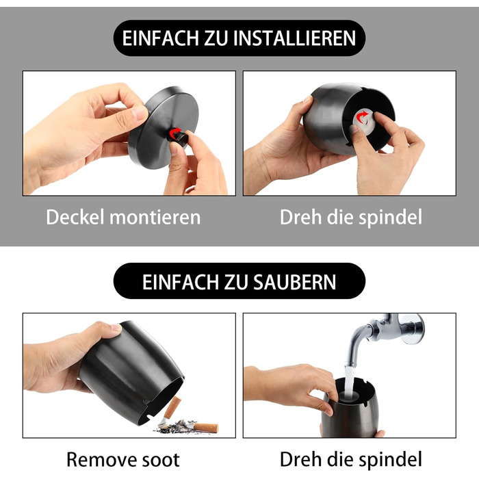 Склянка для сигарет на вулицю з кришкою, нержавіюча сталь, чорна. Антиковзаюча основа для використання на вулиці та в приміщенні