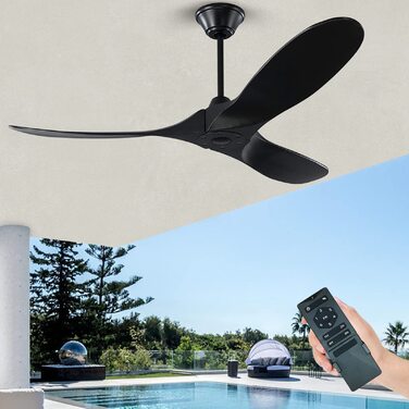 Чорний стельовий вентилятор з дерева (132 см) з пультом керування, тихий, для вологого приміщення