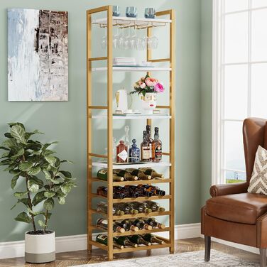 Tribesigns 20 Bottle Wine Baker's Rack, Freestanding Floor Wine Rack, 9 Tiers, Industrial Freestanding Wine Rack Wine Bar with Glass Holder Bottle Rack for Bar, Kitchen, Dining Room, (Gold, 2 PC)