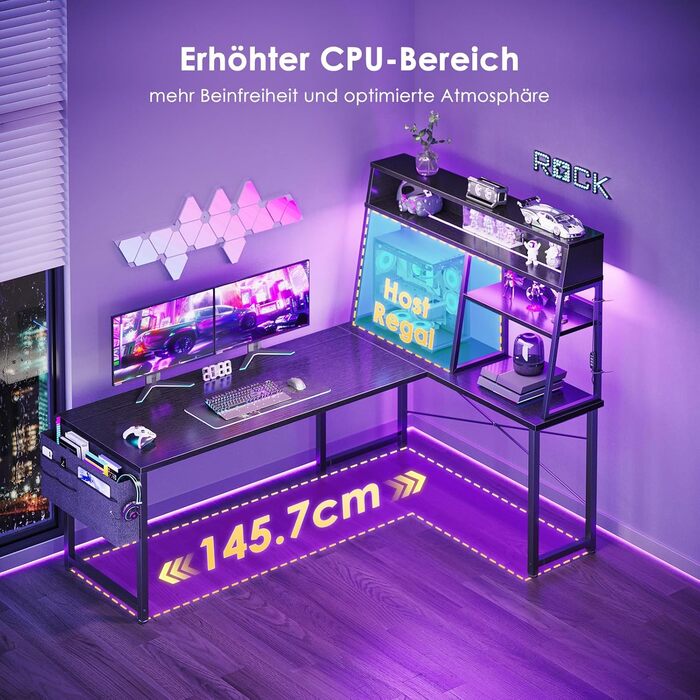 Ігровий стіл Coleshome L-подібний з LED підсвічуванням, 10 кольорів, полиці та кишені для зберігання, для дому та геймерів, чорний (150x100 см)