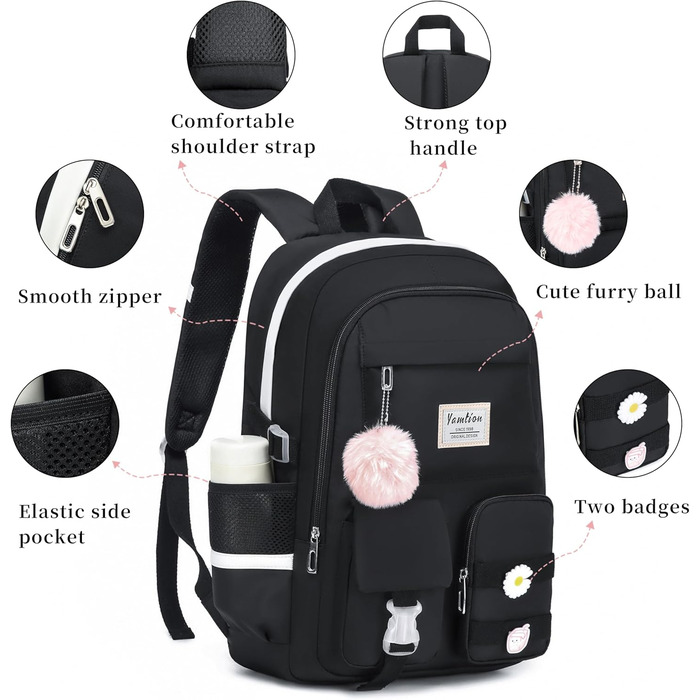 Шкільний рюкзак YAMTION для підлітків, 15.6 дюймів, чорний. Підходить для школярів, студентів середньої та вищої школи.