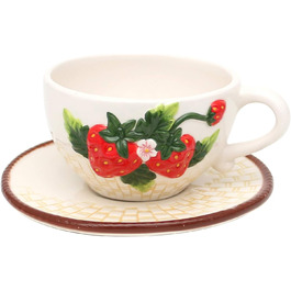Dolomite coffee cup and saucer set with strawberry relief, size approximately 15.5 x 11 x 6.5 cm, cup with saucer, set of 6
