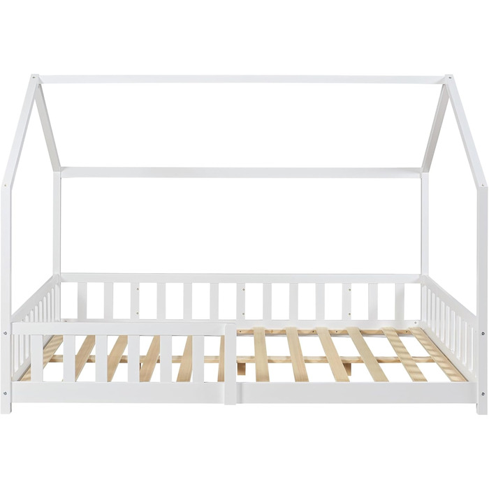 en.casa Kids Bed Hesel House Bed White 90 x 200 cm with Side Rails and Slatted Base, Floor Bed, Youth Bed, Wooden Bed