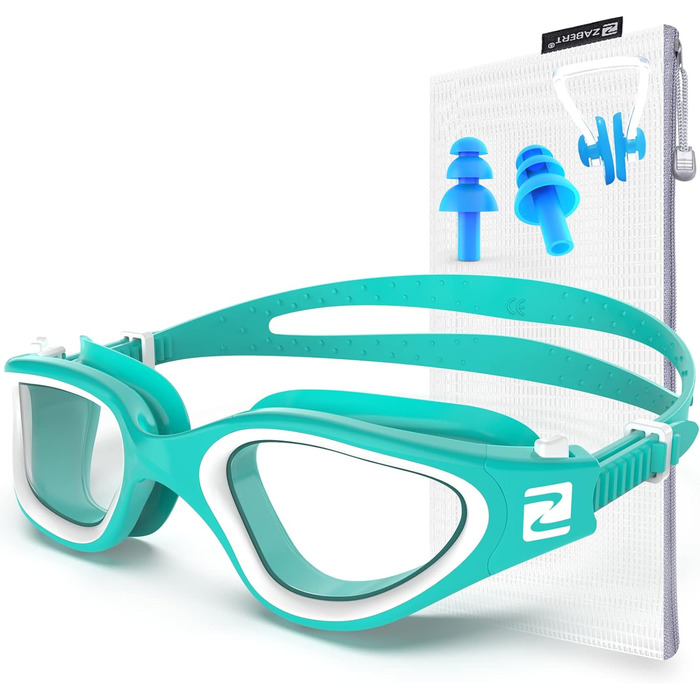 ZABERT W1 Adult Swimming Goggles for Men and Women, Anti-Fog, UV Protection, Waterproof, Adult Unisex, Teens #012. Blue-Green White Teal | Clear Lenses
