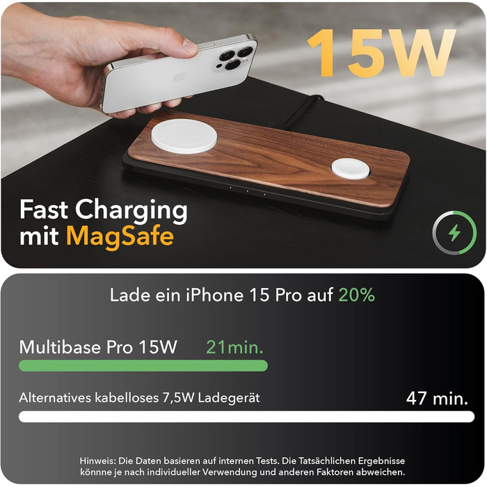 Woodcessories Multibase Pro: Бездротова зарядка 3-в-1 для iPhone, Apple Watch, AirPods з адаптером 45W - Walnut Wood