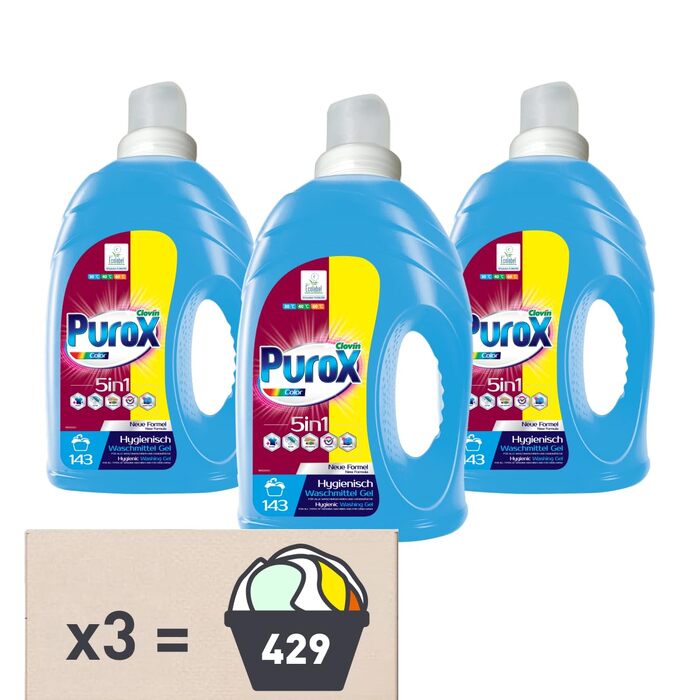 Гель-концентрат для прання кольорових речей PUROX COLOR, 4.3 л x 3 шт (на 143 прання), універсальний засіб для машин та ручного прання, без фосфатів