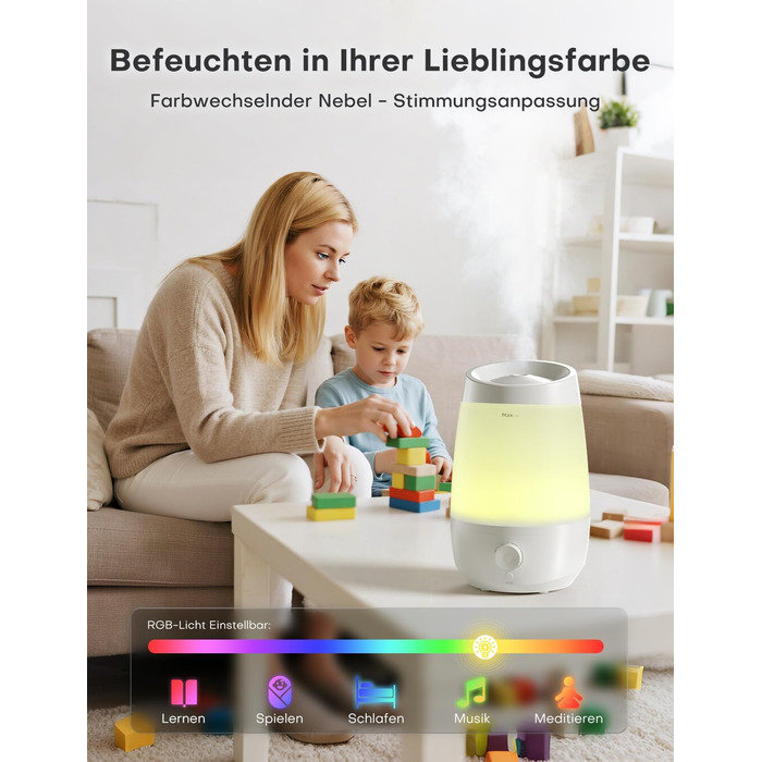 Зволожувач повітря AROEVE для спальні, 2,5л, 250 мл/год, дифузор для ефірних олій, автовимкнення, 25 дБ, тихий для дітей та рослин, білий
