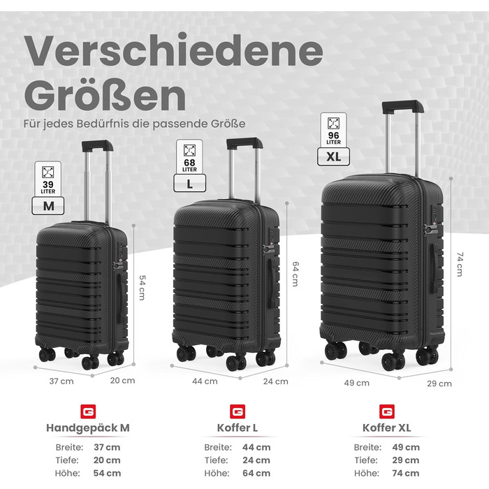Чемодан GENTOR великий на колесах 64x44x24 см – Легкий валіз з жорстким корпусом та TSA-замком – Чемодан з жорсткою обшивкою L для подорожей та відпочинку – Чорний L Чорний