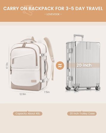 LOVEVOOK Рюкзак для ручної поклажі 40л, для подорожей, з відділенням для ноутбука 17.3 дюймів, з вологостійким відділенням, 45x36x20 см, бежевий/хакі