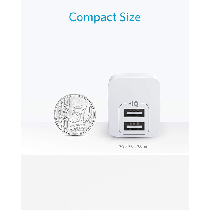 Anker PowerPort Mini: Двопортовий мережевий адаптер, компактний, 2.5A, для iPhone, iPad, Galaxy та інших пристроїв (білий)