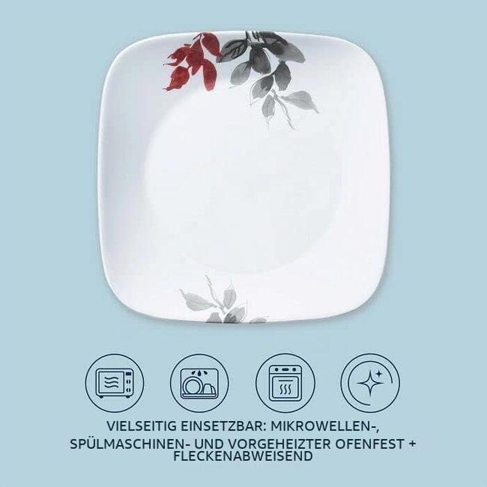 Сервіз Corelle Kyoto Leaves на 4 особи, 16 предметів: набір посуду (8 тарілок, мисок), білий, ударостійкий та стійкий до сколів