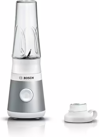 Bosch VitaPower Series 2 Stand Mixer MMB2111T, Mini Highspeed Mixer, up to 40,000 rpm, 450 W, silver & Bosch ToGo Bottle MMZBT01B, Smoothie ToGo Bottle 0.6 L, shatterproof, robust Silver / White Bundle with ToGo Bottle