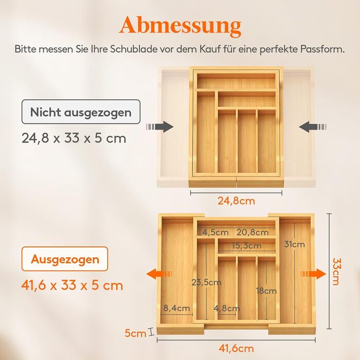Органайзер для столових приборів Lifewit в шухляду, бамбуковий, 33x25-42x47 см, висувний лоток для ложок, виделок, ножів
