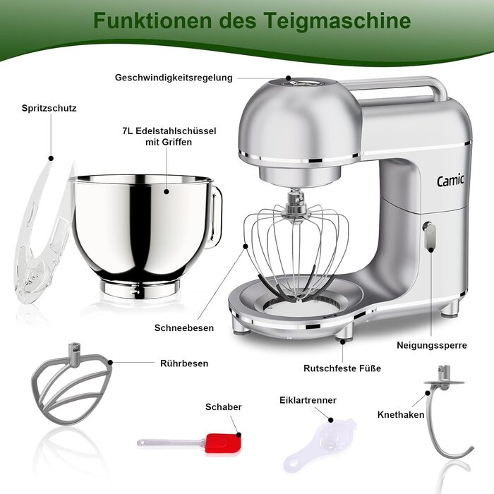 Кухонна машина Camic 2000W: планетарний міксер з чашею з нержавіючої сталі 7л, 10 швидкостями, набором насадок та захистом від бризок, сріблястий