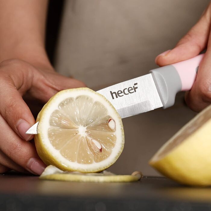 Набір ножів Hecef 14 предметів з дерев'яним блоком, професійний набір кухонних ножів з нержавіючої сталі, з ножицями/ножем для стейку/точильним інструментом (рожевий)