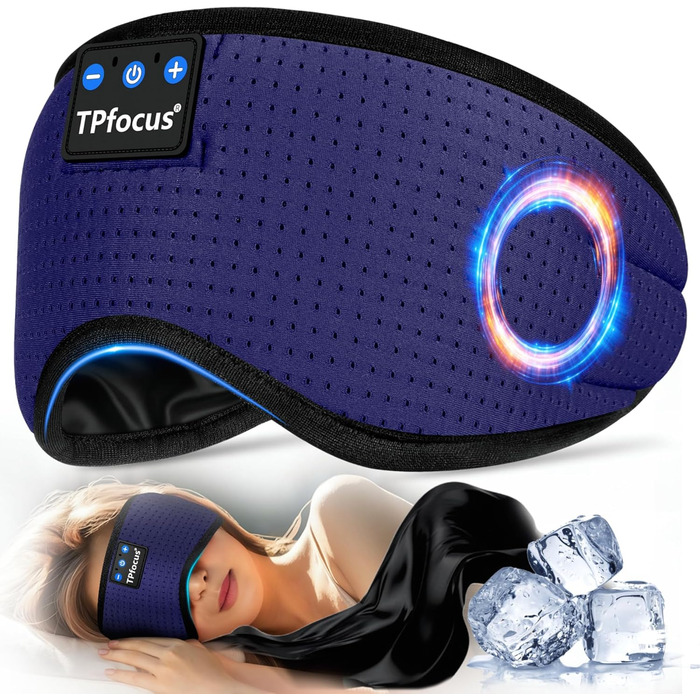 Маска для сну TPfocus з навушниками для тих, хто спить на боці, Bluetooth, миється, блокує світло, з мікрофоном, блакитний колір. Підходить для подорожей, сну, йоги, медитації та сну.