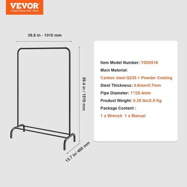 VEVOR Clothes Rack Wardrobe Rack 1 Clothes Rod, Durable Clothes Rack Black 400 x 1010 x 1510 mm Clothes Rack for Bedroom, Laundry Room, Dressing Room, Entrance, etc.