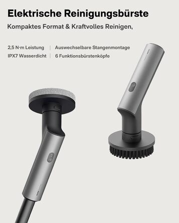 HOTO Electric Cleaning Brush with Extension Handle, IPX7 Waterproof, 6 Replaceable Brush Heads – For Floors, Tiles, Glass, and Toilets – Ideal for Bathroom, Kitchen, and Car (Dark Grey)