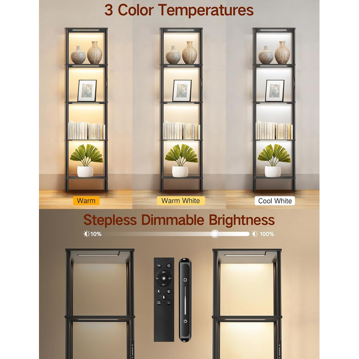 Стельова лампа з полицею, LED, регулювання яскравості, 3 колірні температури, сенсорне управління та пульт, полиця для книг, дерев'яна, сучасний дизайн для вітальні, спальні, офісу (чорний)