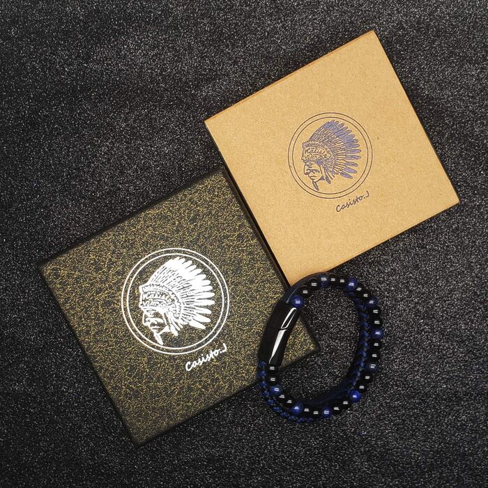 Чоловічий шкіряний браслет Casisto Lederarmband з гравіюванням, плетінка, магнітний замок (21 см, синьо-чорний)