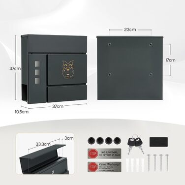 Поштова скринька WOLTU XXL з газетницею, оглядовим вікном, замком та 2 ключами, антрацит+жовтий (10,5x37x37 см)