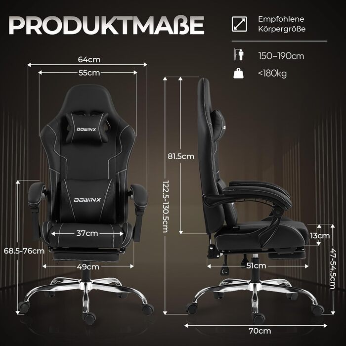 Ігровий крісло Dowinx: ергономічний, регульований, з підніжкою, до 180 кг, чорний