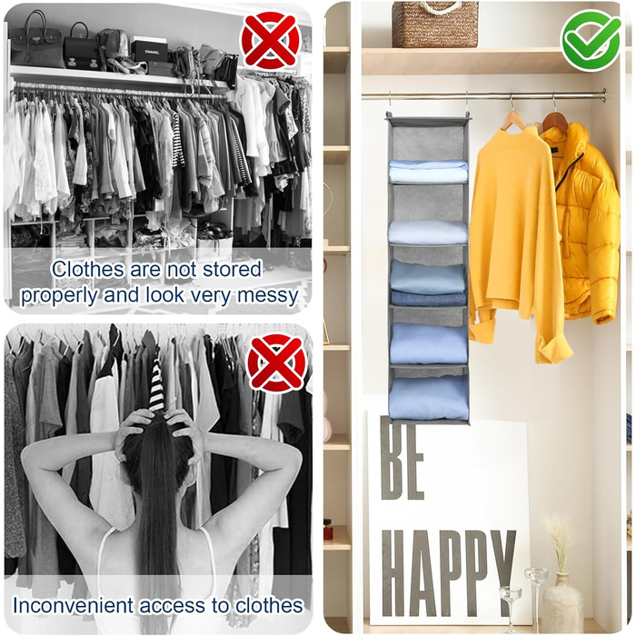 Органайзер для шафи AiQInu з 3 відділеннями, на вішалку, бамбуковий, сірий (з гачками)