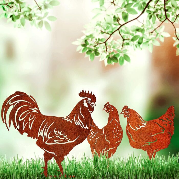 Stahldesign Edelrost Chicken Set, Life-Size for Display, Handmade in Germany. Wonderful garden decoration made of rust-colored metal, rust-look decor, rust figures animals, rust figures garden, rust decor.