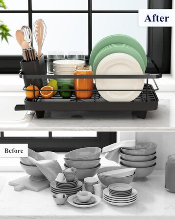 Dish Drying Rack, Space-Saving Dish Rack, Dish Organizer for Countertop, Durable Kitchen Drying Rack Made of Stainless Steel with Cutlery Holder, Dish Drying Stand
