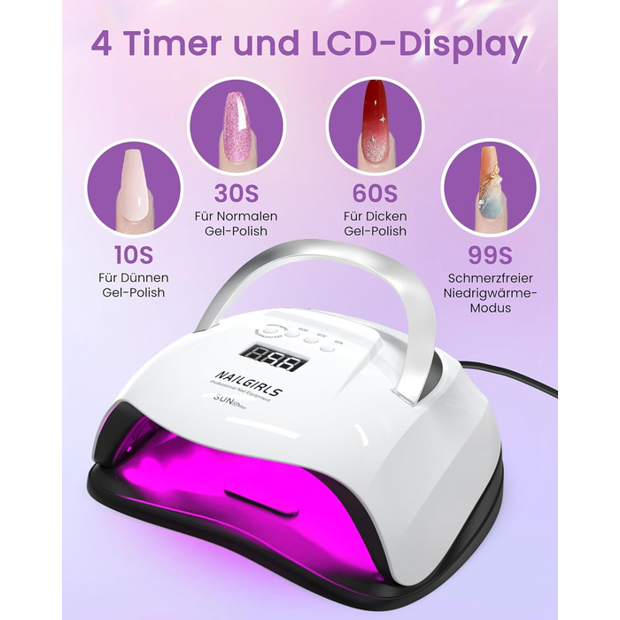 LED UV лампа для нігтів NAILGIRLS 150W з таймером, автосенсором та LCD дисплеєм. Підходить для гелевих нігтів пальців та ніг. Знімний магнітний майданчик.