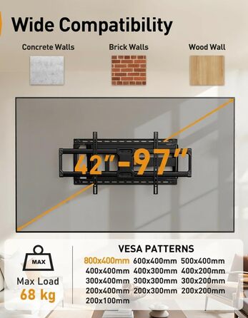 Кріплення для телевізора Perlegear: 42-90 дюймів, до 68 кг, подовжений кронштейн, повний рух, VESA 800x400 мм