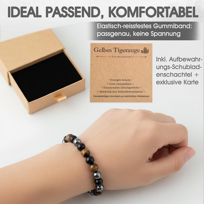 Браслет з тигровим оком та чорним турмаліном: захист, оберіг, подарунок для друзів, чоловіка, батька (еластичний)
