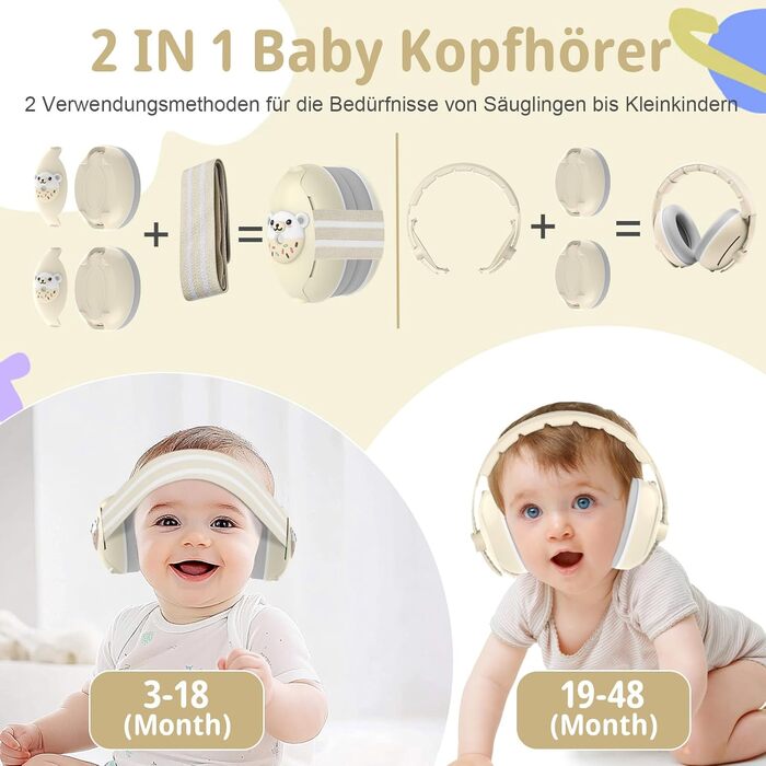 Навушники-захист вух для малюків 2-в-1, від 0 до 48 місяців, з регульованим обручем, шумопоглинання, бежевий