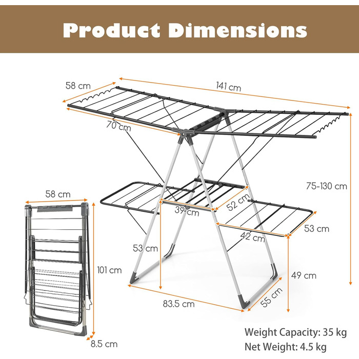 Стійка для сушіння білизни HOMASIS, розкладна, з 2 крилами, регульована, 6 рівнів, з вішалкою для білизни, прищіпками та полицею для взуття, для балкону (Білий/Чорний)