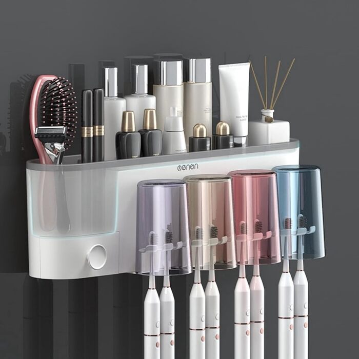 Drill-free toothbrush holder, wall-mounted, bathroom shelf with 1 automatic toothpaste dispenser, 6 brush hooks, 1 cosmetic drawer, organizer, and ample storage space (1 dispenser + 3 cups)