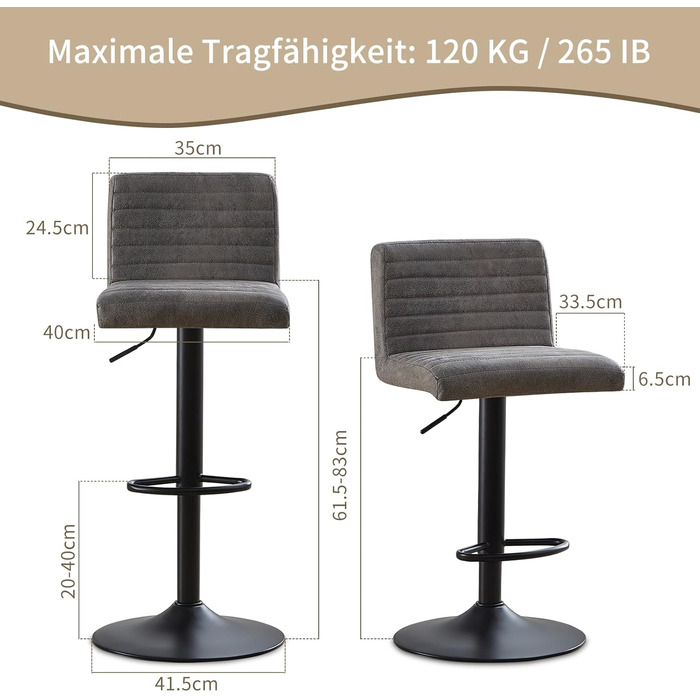 JYMTOM Adjustable Bar Stools Set - 360° Swivel Velvet Padded Counter Stools for Bar, Kitchen, Bistro, Cafe & Dining Room (2, Grey)