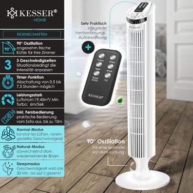 Турбо-вентилятор KESSER® з пультом керування | 90° кут осциляції | 3 режими | 90 см | Таймер | Турбо-режим | Колонний вентилятор | Охолоджувач повітря | Білий