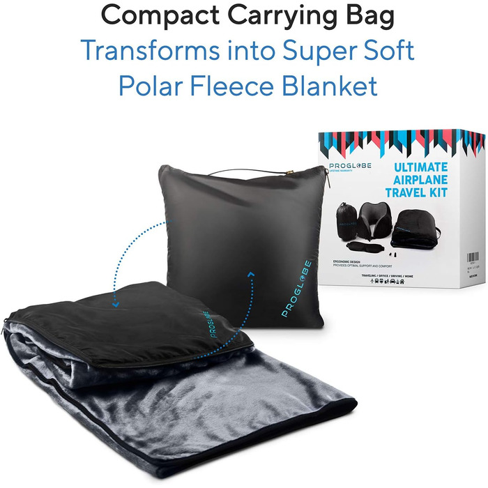 ProGlobe Travel Pillow Set - Memory Foam Neck Pillow for Flights with Sleep Mask, Earplugs, Blanket & Carry Bag